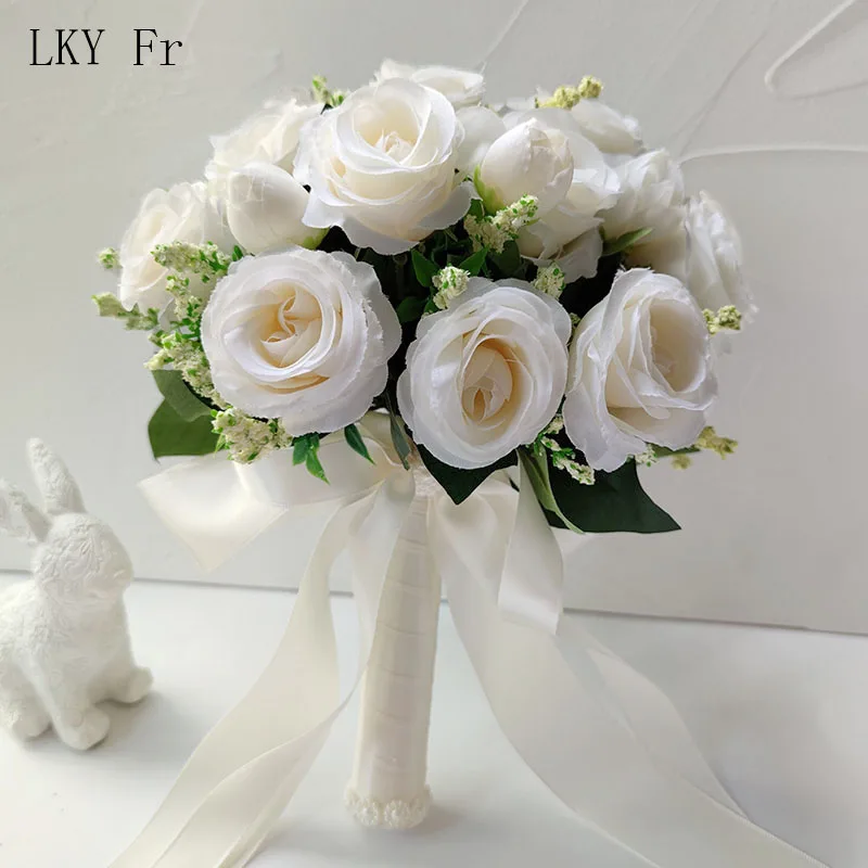 White Wedding Bouquet for Bride Bridesmaid Silk Roses Artificial Flowers  Boutonniere Mariage Bouquet Wedding Accessories Corsage - AliExpress