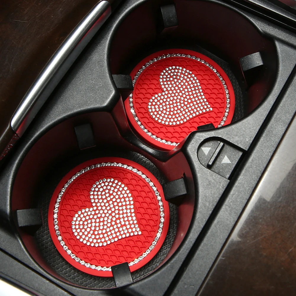 Car Coaster Pads 2PCS Heart Shape Car Diamond Coaster Water Cup Slot Non-Slip Mat Silica Pad Cup Holder Mat Auto Interior Decoration Accessories