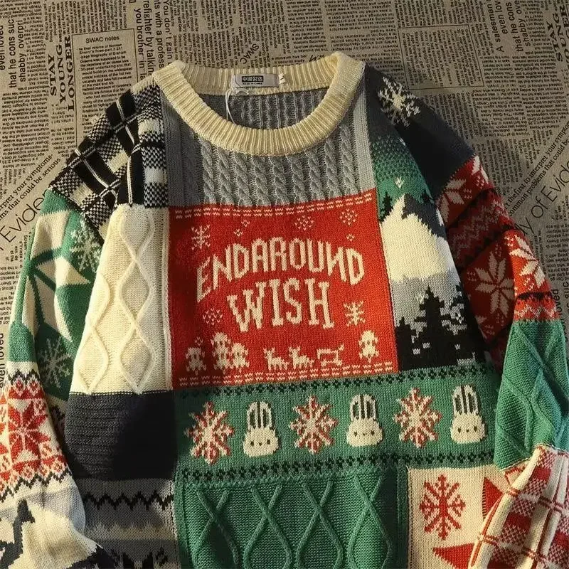 American Cute Twist Christmas Long Sleeve Sweater For Men And Women Y2K Street Autumn And Winter Fashion Loose Pullover Sweater 3