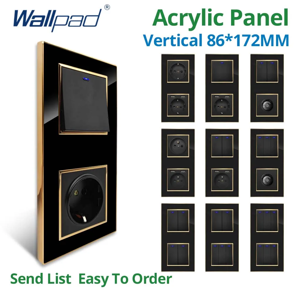 Wallpad Verticale Nero Pannello Acrilico Bordo Oro Interruttore Luce Da Parete Carica Usb Presa Di Alimentazione Ue 4 5 6 7 8 Gang 2 Vie Reset
