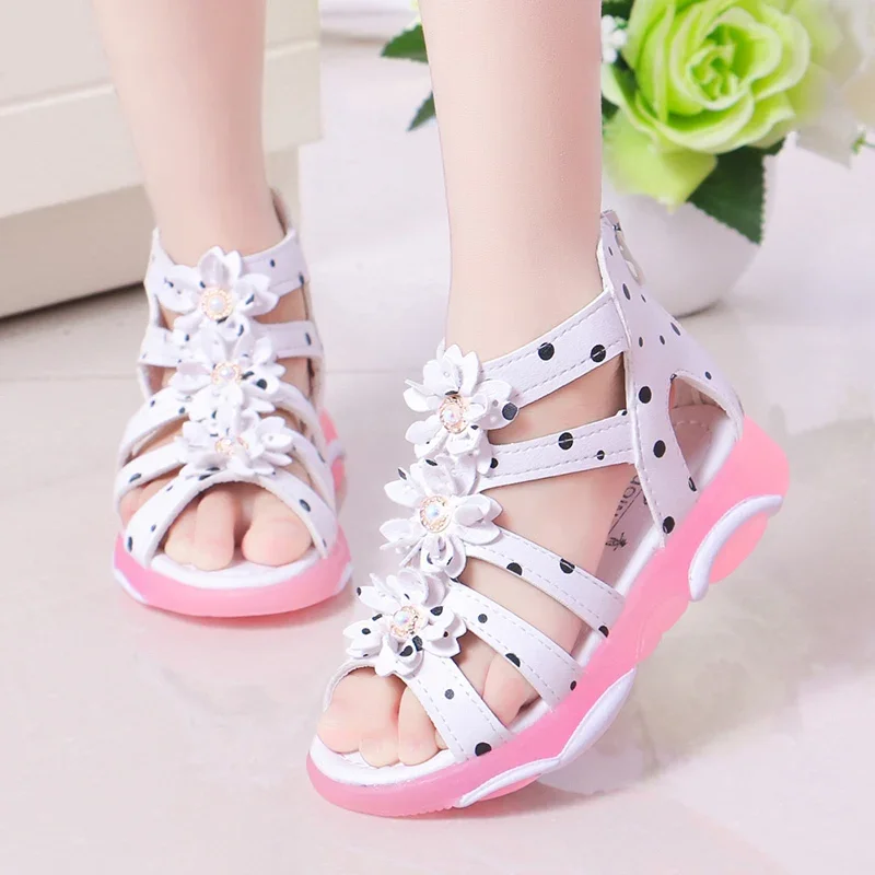 Girls Sandals Flowers Kids Roman Sandals Children Gladiator Shoes Soft Leather With Dots Zipper Pearl Beading Toddler 1-12 Years kids shoes children sandals kids sandals