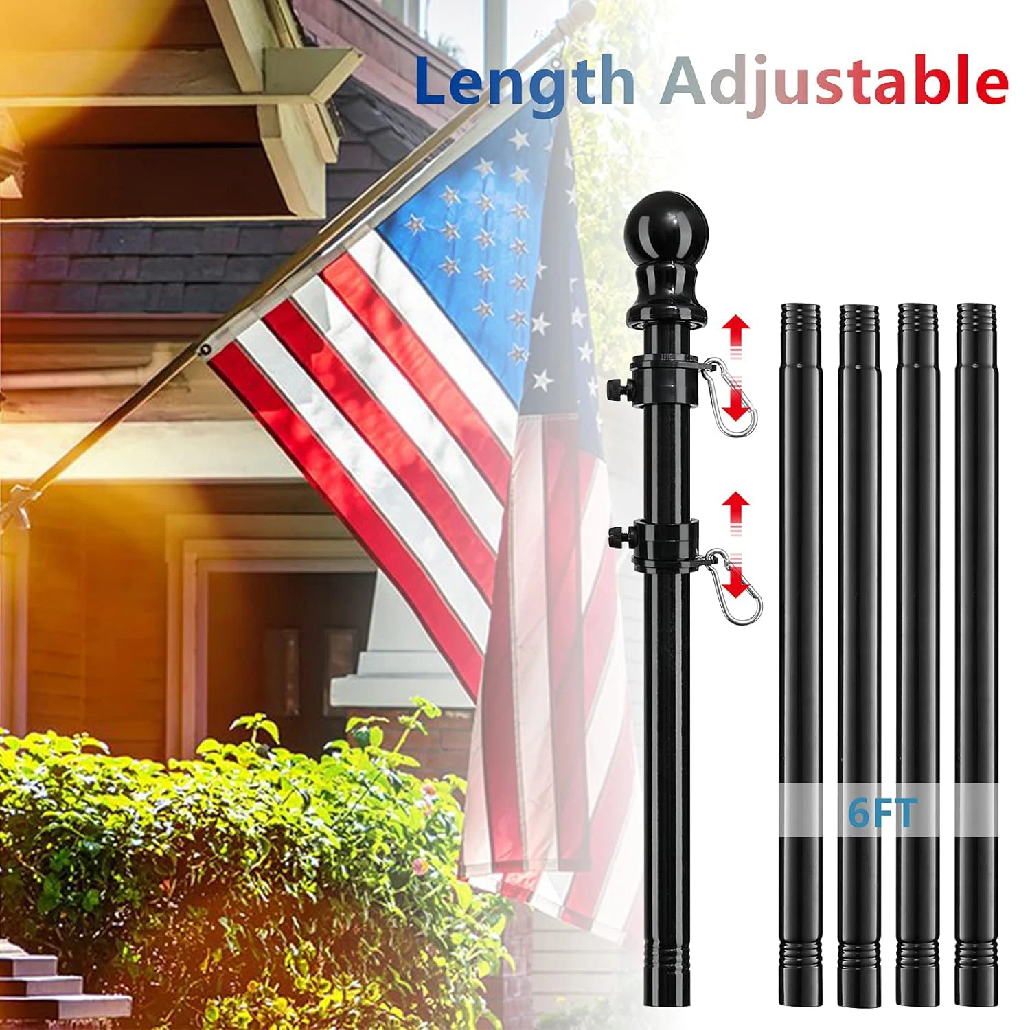 Flag Pole Bracket 180cm 360&deg; Rotating Adjustable Wall-mounted Telescopic Stainless Steel Guide for 3x5 Flags