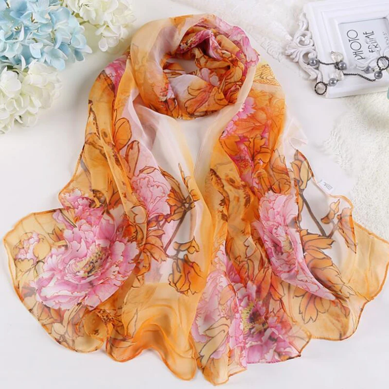 Women Fashion Chiffon Georgette Silk Scarf For Muslim Hijab Peony Flower Bandana Summber Beach Sarong Scarf&Shawl HY30 3