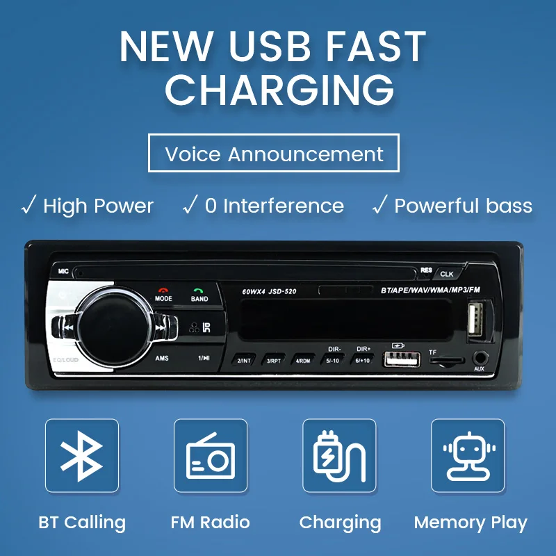 일반 모터용 자동차 멀티미디어 MP3 라디오, 블루투스 오디오 스테레오 라디오, TF AUX USB 포트 충전 지원, 1DIN