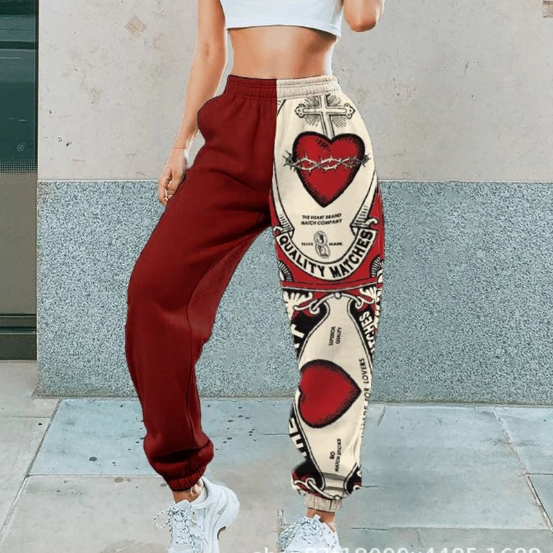 

Red Splicing Heart Print Sweatpants Women Pants Wide Leg Elastic Waist Streetwear England Casual Joggers Women Spring Thin Pants