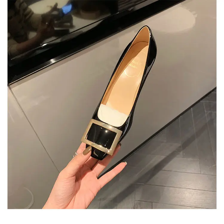 Flats Women's Shoes Patent Leather Square Buckle Shoes Autumn New Ladies Shallow Mouth Square Toe Flat Shoes Office Plus size 42 4