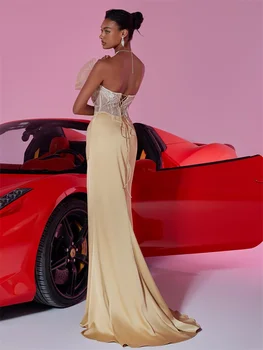 فساتين سهرة ذهبية فاخرة للنساء بفتحة حورية البحر ترتر رسمي لحفلات الزفاف وحفلات الكوكتيل 2