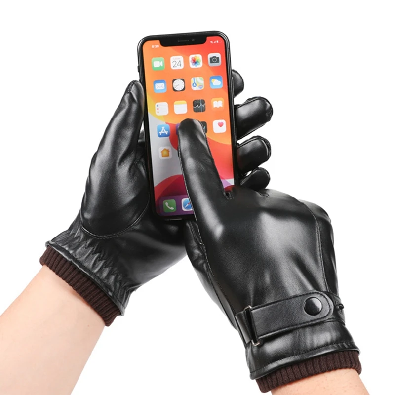 Leather Gloves Men Winter Black, Warm Leather Gloves Outdoor Windproof Cold Protection Waterproof Touch Screen Winter