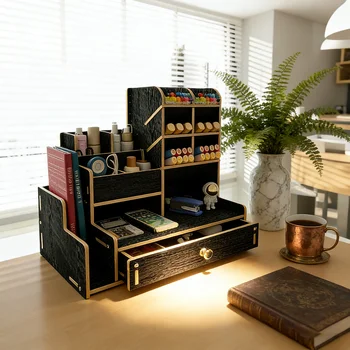 Organizer da Scrivania Effetto Legno con Cassetto, Portaoggetti da Scrivania Multi-Scomparto per Cancelleria e Accessori