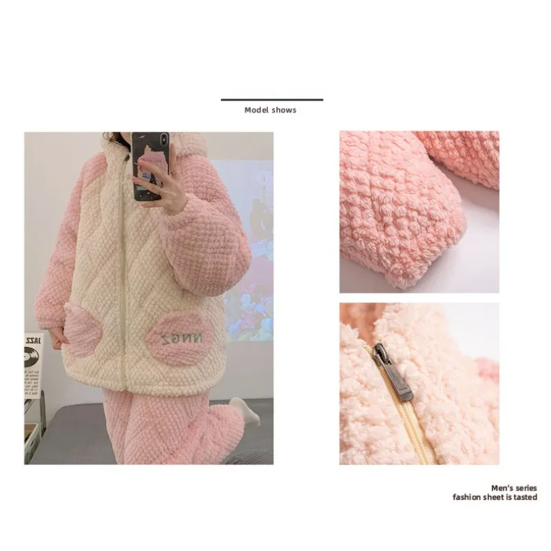 Coral Velvet Pajama Women's Winter Three-layer Cotton Sleepwear Thicken Plush Insulation New Home Clothes Flannel Loungewear Set