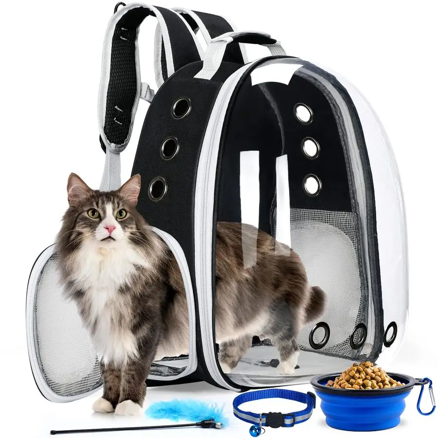 Airline-Approved Bubble Pet Backpack Carrier – 4PCS Set with Collapsible Bowl, Cat Collar & Interactive Toy