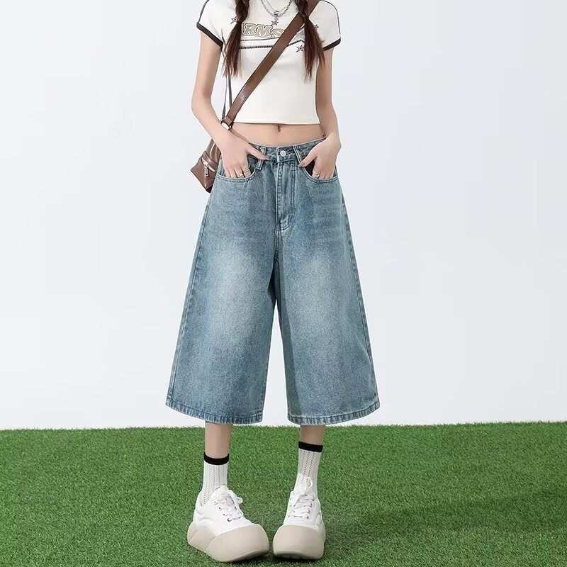 Retro American Blue Denim Seven-Foot Pants Women's Loose Wide-Leg Five-Foot Straight Shorts High Waist Summer Fashion Jeans