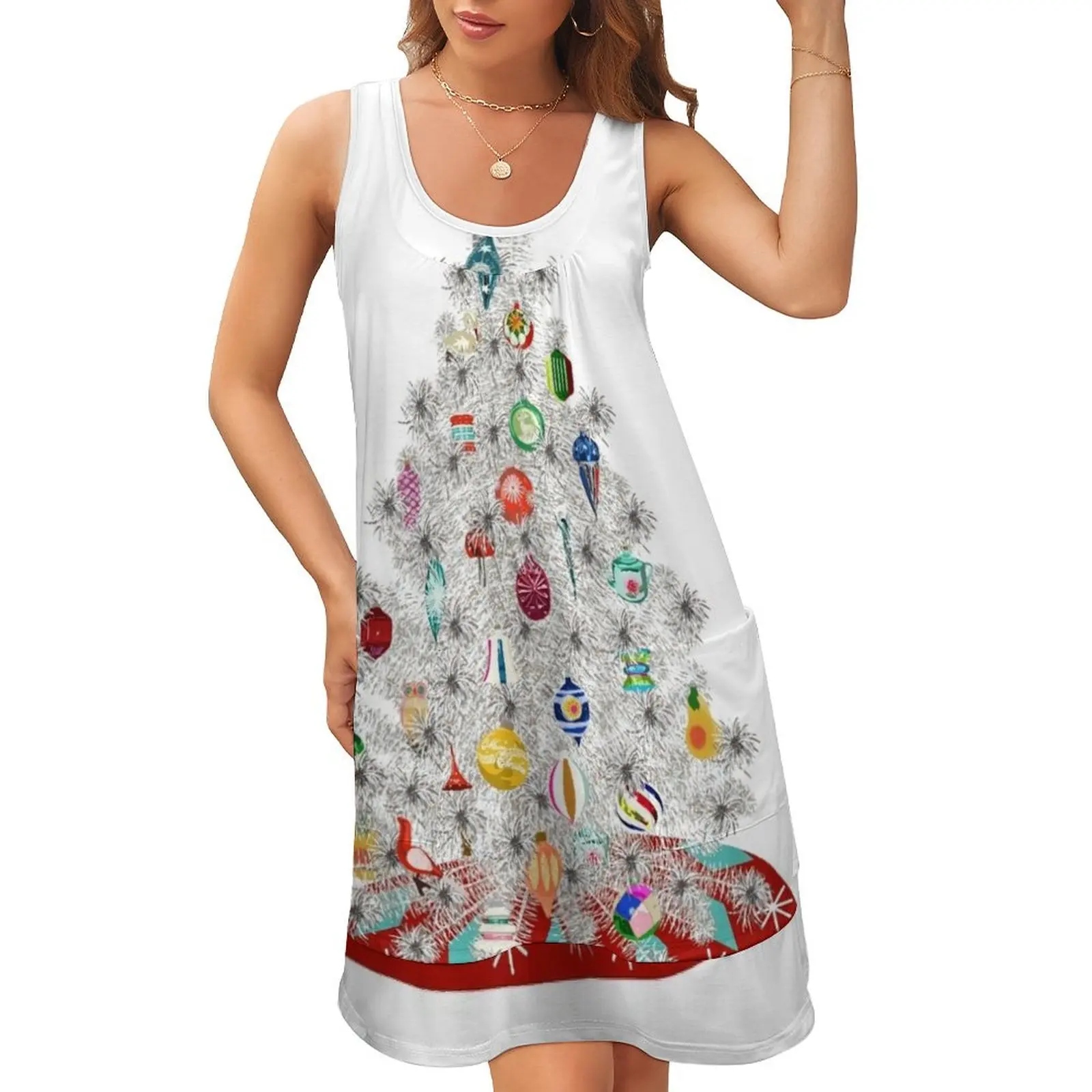 

Vintage Aluminum Christmas Tree Sleeveless U-Neck Fake Two Piece Dress Summer dresses for women women long dresses