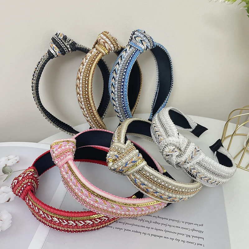 Boho Strass Kunst perle gestrickt Stirnband glänzende Pailletten Kopf Reifen elegante Haarschmuck für Frauen Mädchen breites Band
