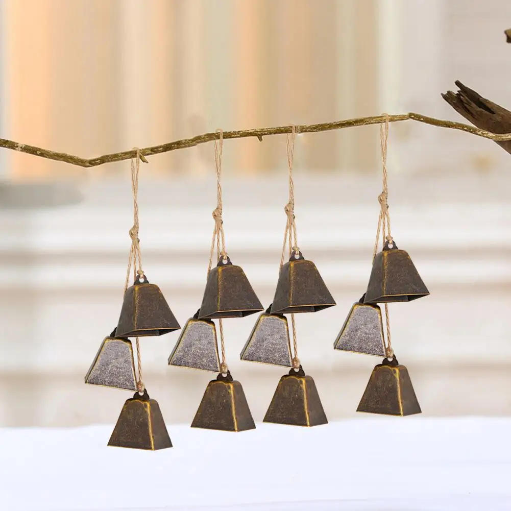 Iron Bell Chime with 3 Large Vintage Cow Bells on Rope Rustic Large Wall Hanging Decor Wind Chimes Decorations