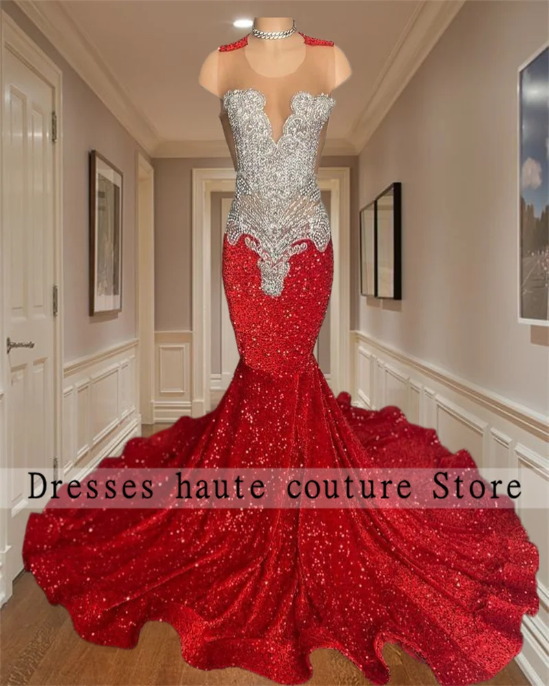 

Sparkly Red Sequin Mermaid Prom Dresses 2024 For Black Girls Luxury Silver Crystal Beaded Sheer Neck Long Graduation Dresses