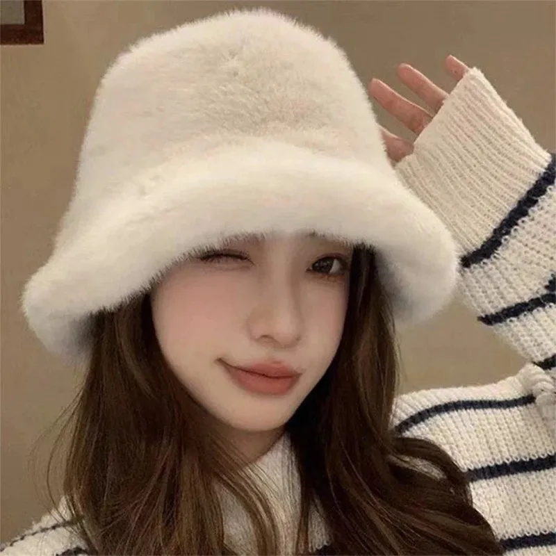 Winter Windproof and Warm Women's Fashionable Solid Color Plush Hat Cover Fluffy Fishing Hat Mountaineering Scarf Practical