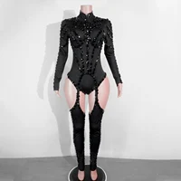 rhinestHollow Out Sexy Black Women Bodysuit pants Sets Long Sleeve Turtleneck Bodysuits Clubwear Costumes Stars Hot Singer Stage - Image 6