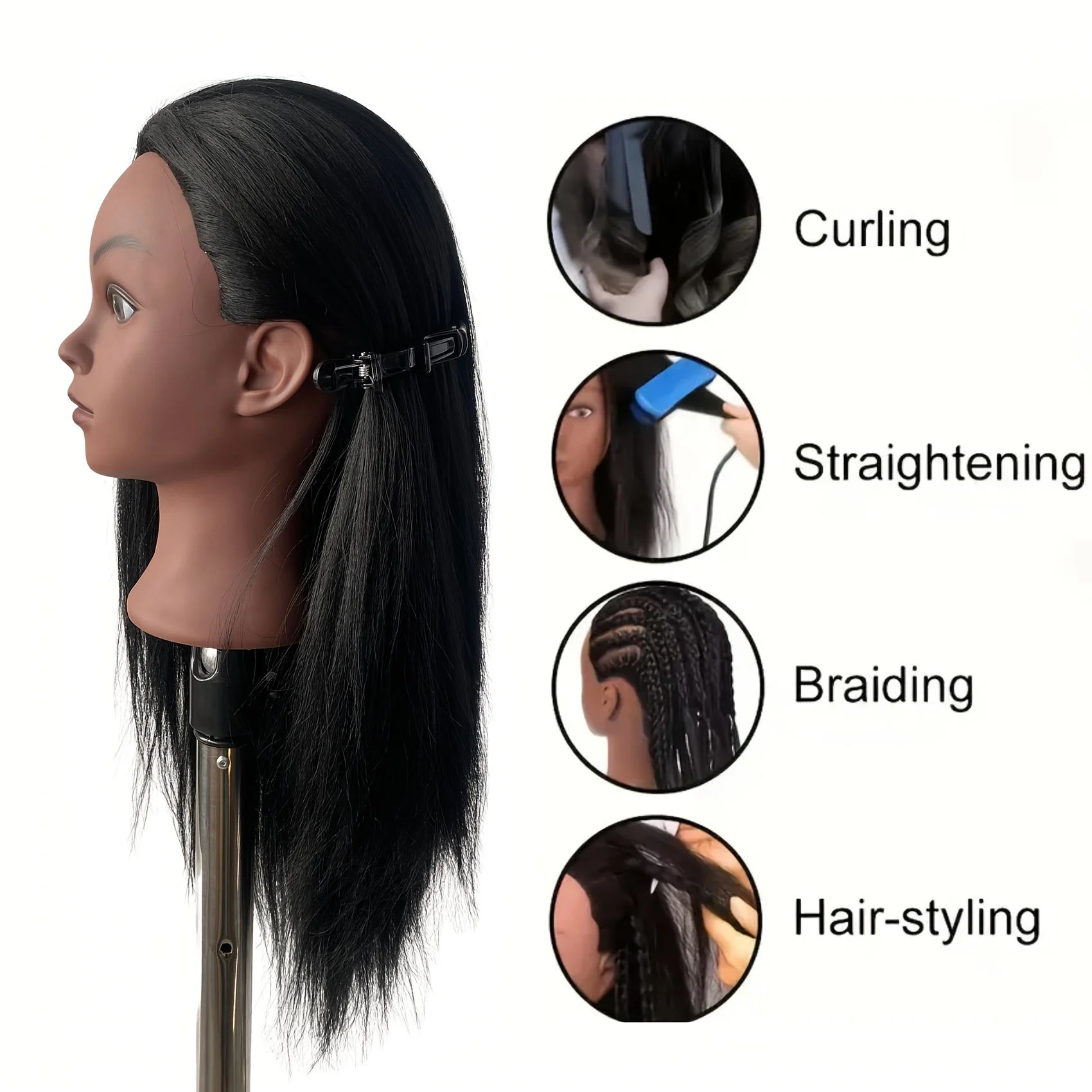 16-Inch Black Mannequin Head with Synthetic Hair for Braiding Practice Mannequin Head with Stand for Hairstyling