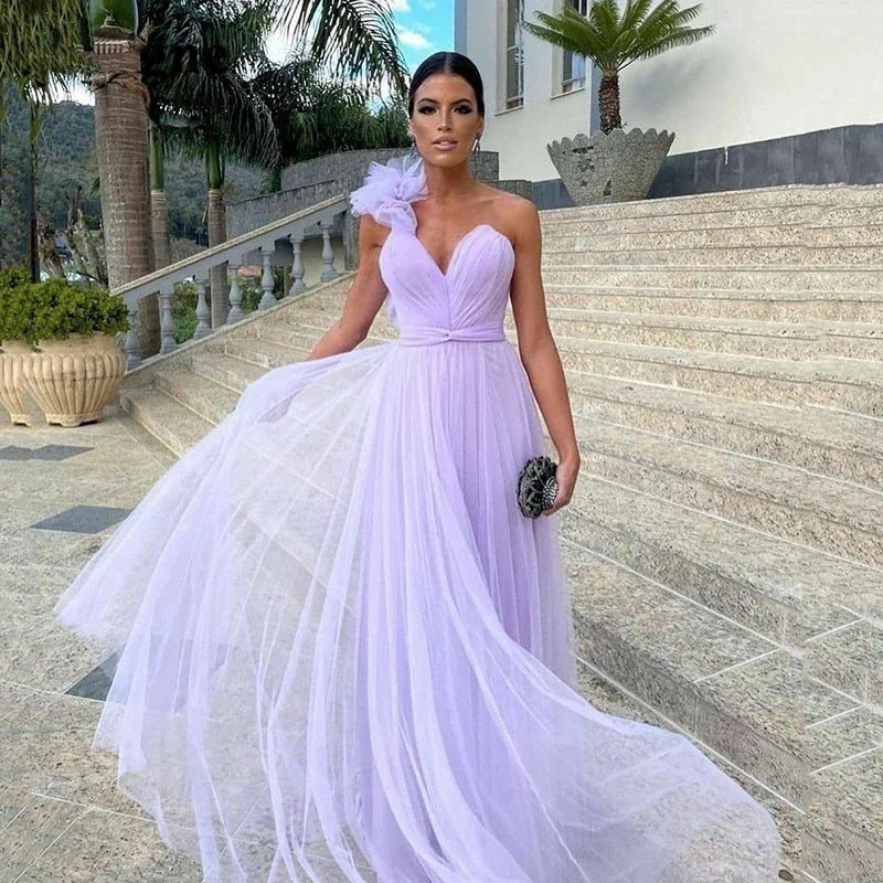 Lilac One Shoulder Long Prom Dresses Pleats Tulle Vestidos De Festa Formal  Evening Dress Customized Women Wedding Party Gowns - AliExpress 320