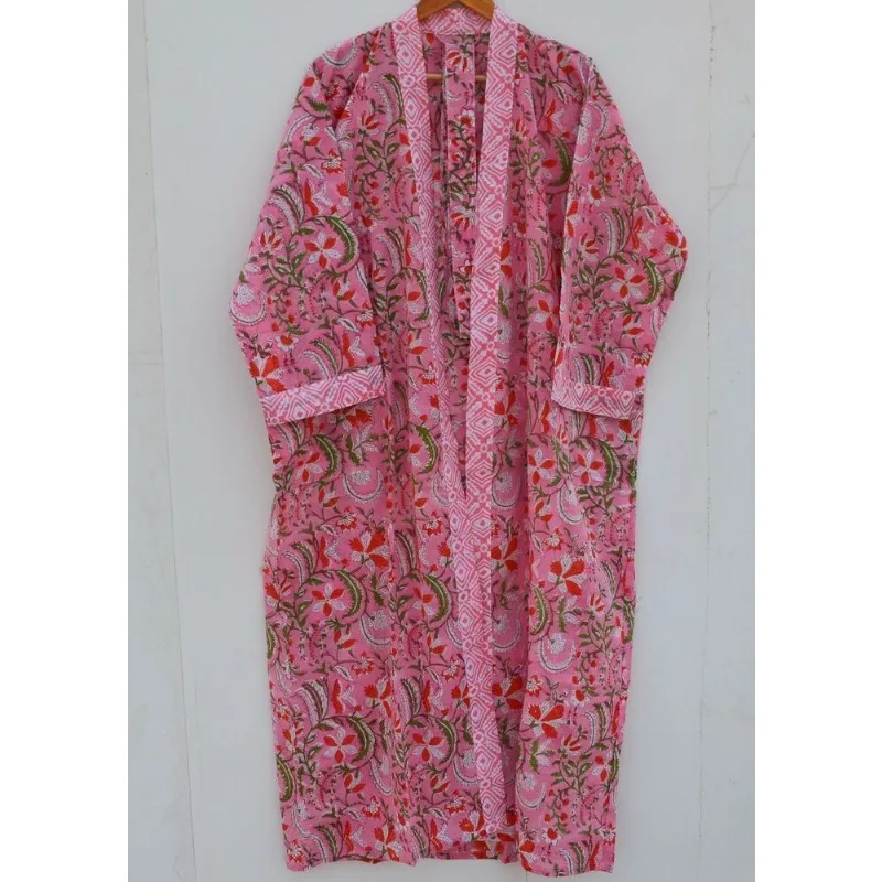 Cotton Floral Block Print Kimono Maxi Bathrobe Nightwear Dress Cover Robe