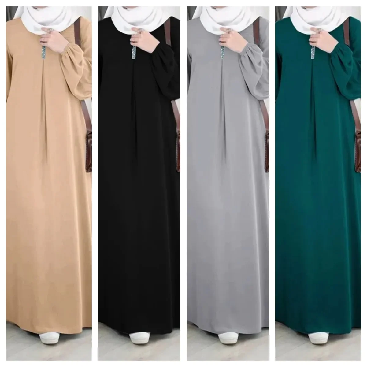 

Women Eid Muslim Dress Kaftan Islam Party Dresses Dubai Vestidos Lantern Sleeve Solid Color Abaya Sequins Casual Ramadan