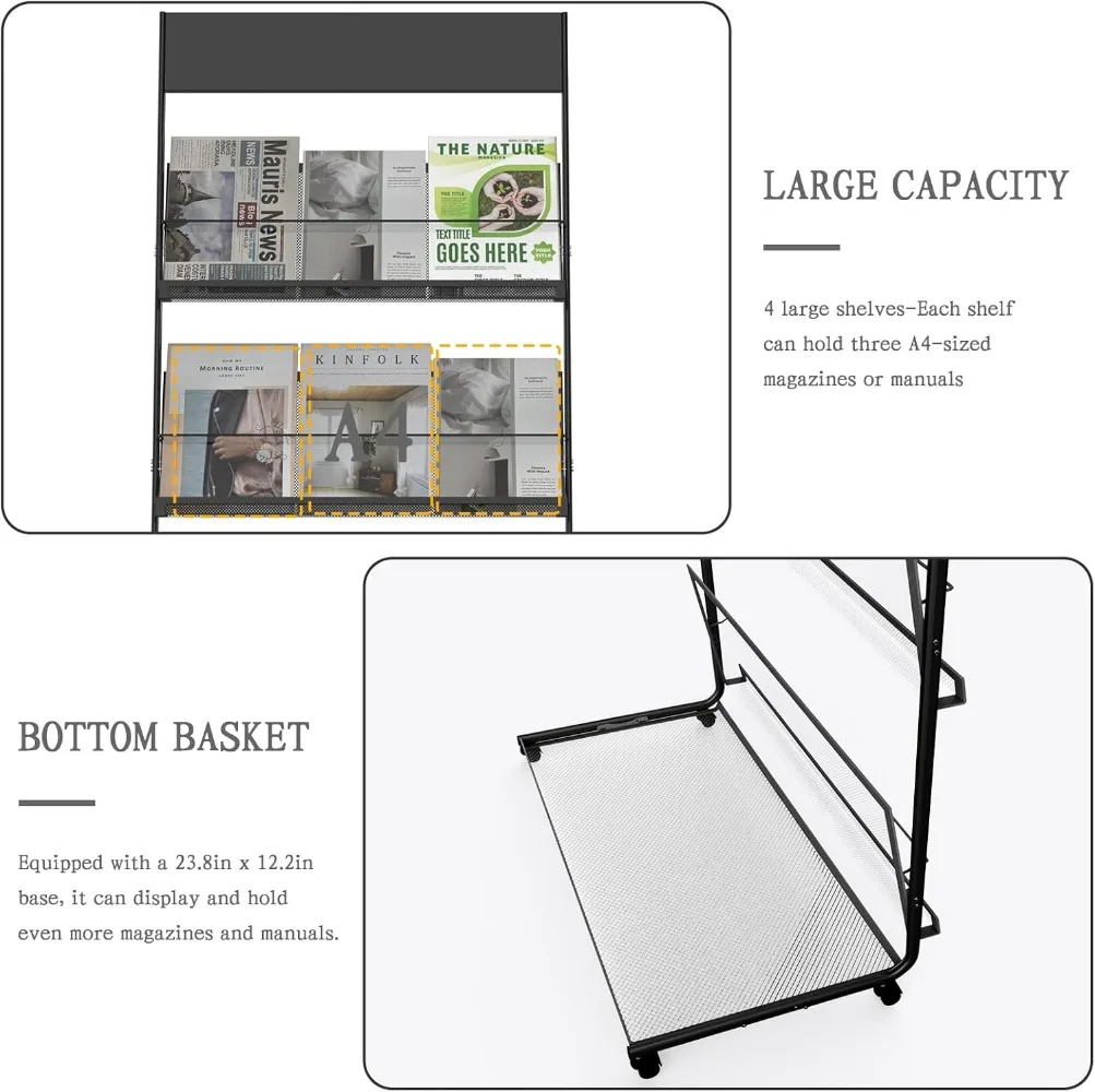 Magazine Rack,Floor-Standing 4-Layer with Wheels,Brochure Display Stand,High-hardness metal for Exhibitions, Office 3