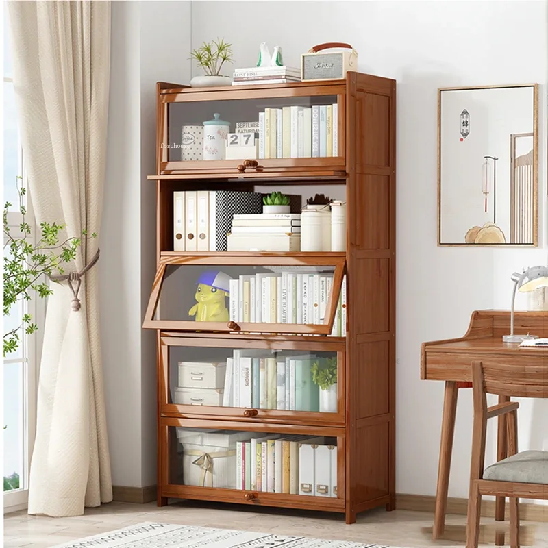 Simple Retro Bookshelf with Door Japanese Bamboo Bookcases Modern Home Furniture Office Desk Organizer Multi-layer Storage Shelf
