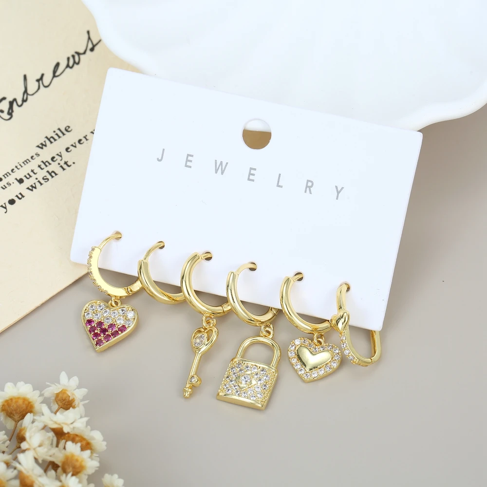 MIGGA 6pcs Mix and Match Trendy Dangle Earrings Set for Women Gold Color Plated Cubic Zircon Jewelry 6