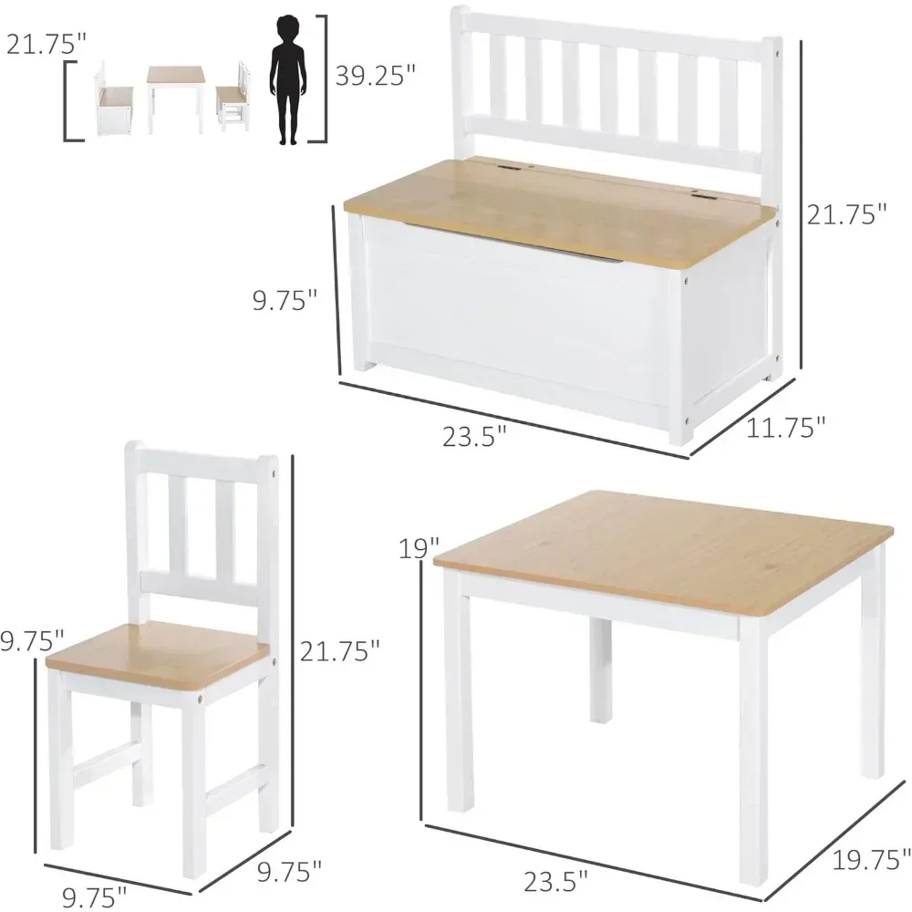 4-Piece Kids Table Set with 2 Wooden Chairs, 1 Storage Bench, and Interesting Modern Design, Natural/White