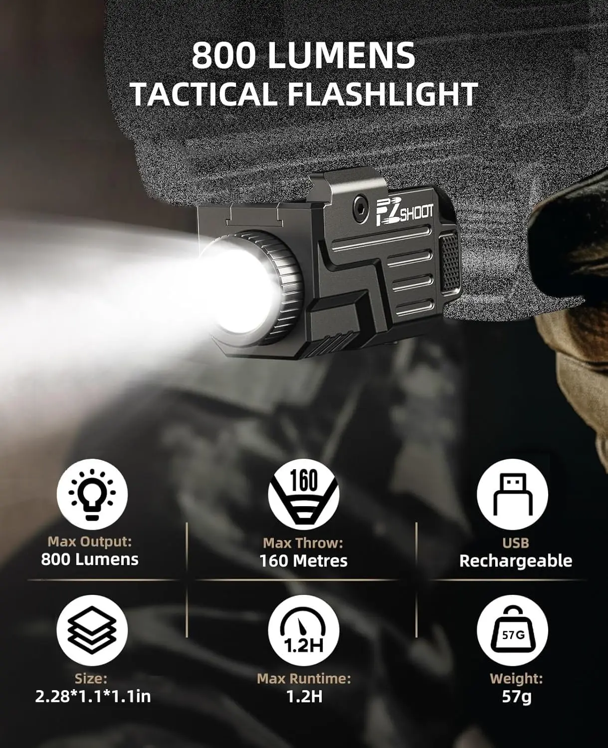 800 Lumens Pistol Flashlight Compitable Picatinny GL Rails Rechargeable Tactical Gun Light Strobe Mode Home Defense Hunt