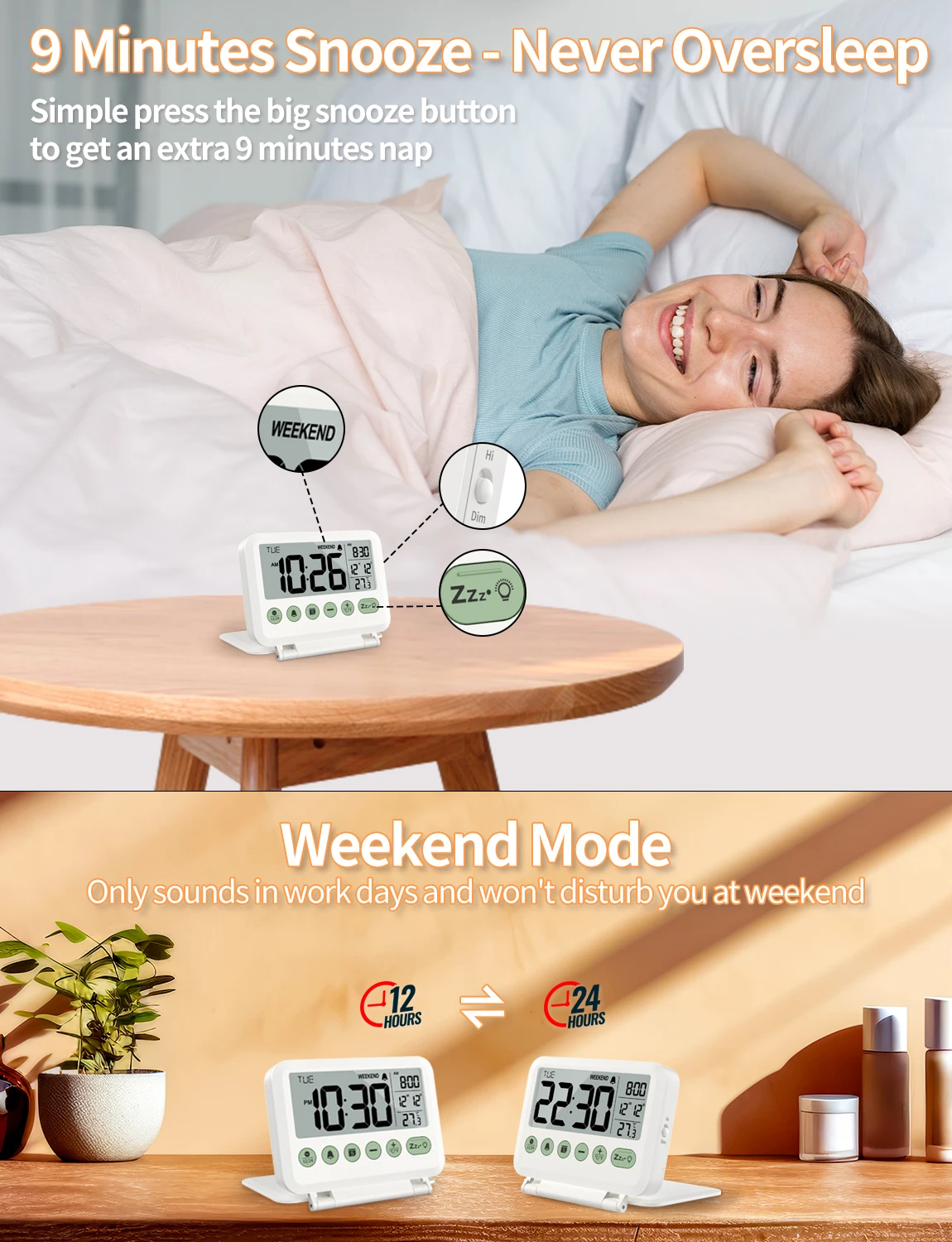 Folding Table Alarm Clock with Backlight Temperature Date Display LCD Electronic Travel Alarm Clock for Students and Adults Digital Clock Table Clock LCD Digital Clock