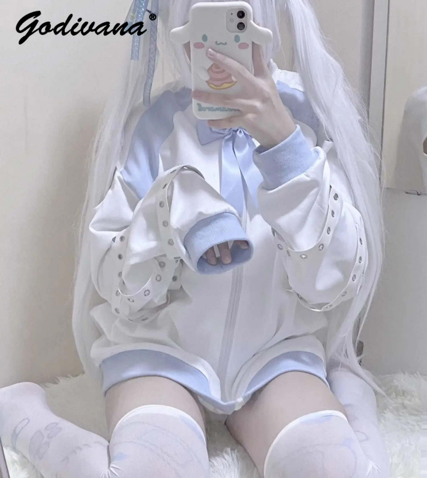 

Y2K Girls Zipper Long Sleeve Hoodies Sweatshirt Original Water Color Hollowed Shoulder Bow Strap Sportswear Zipper Hoodie Jacket