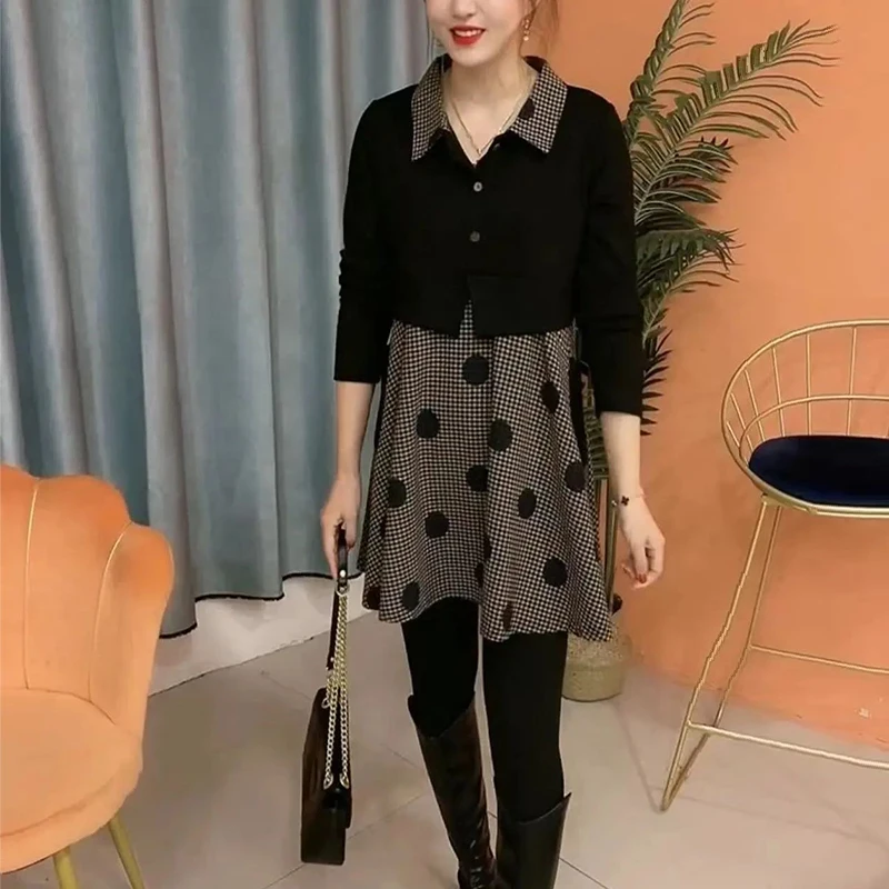 Autumn Winter Lapel Fake Two Piece Plaid Spliced Long Shirt Lady Loose Casual Fashion Wild Blouse Pullover Top Women\'s Clothing