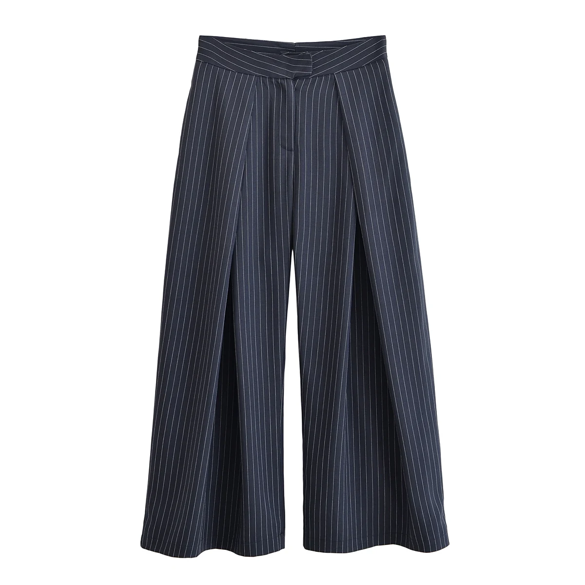 Women Fashion Stripe Pleated Wide Leg Pants Female Elegant Pockets High Waist Long Trousers Spring Autumn High Street Chic Pants