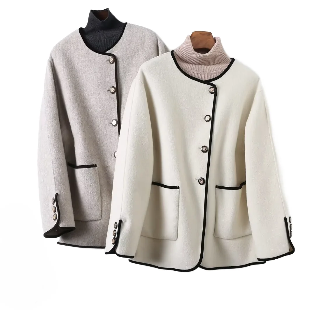

Short cashmere coat Luxury O-collar jacket double-sided single-row buttons solid color slim-fit pocket sweater