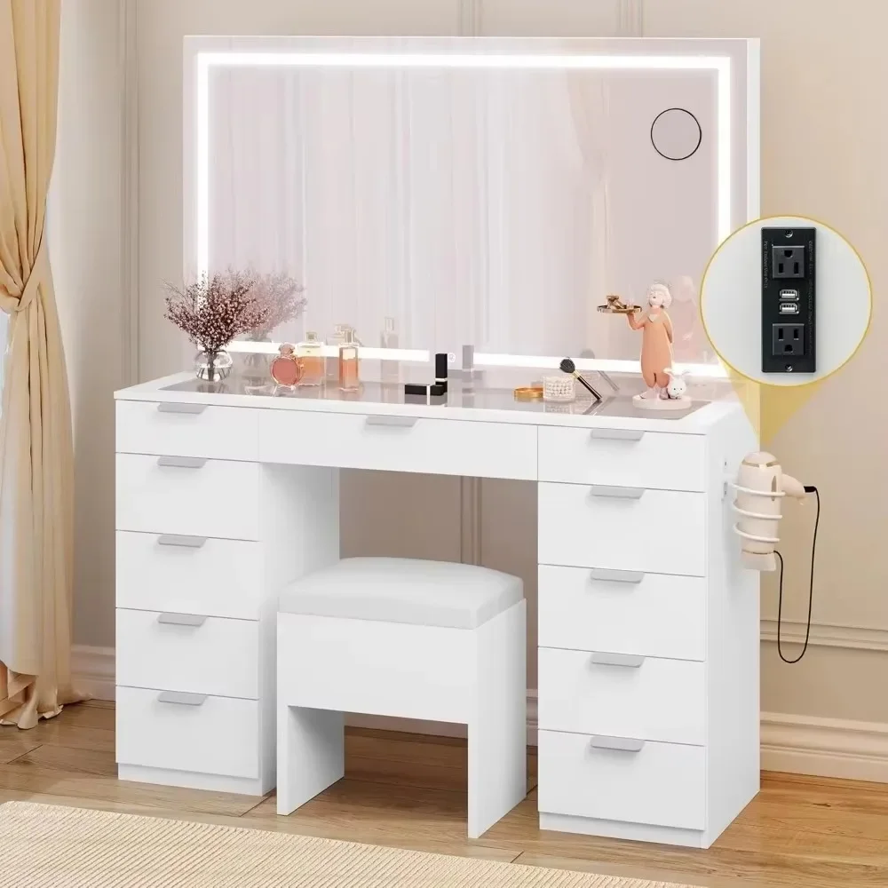 Makeup Vanity Desk Set ,with Mirror, Glass Tabletop, 11 Drawers, Power Strip, Hair Dryer Rack, and Storage Stool for Bedroom