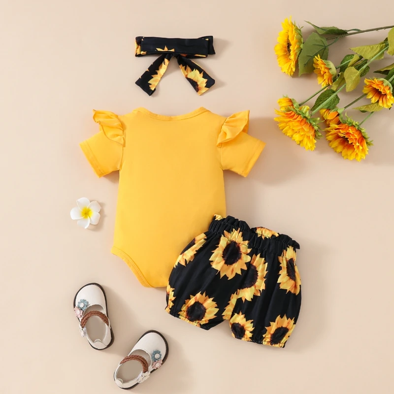 

3Pcs Baby Girl Summer Clothes Letter Print Short Sleeve Bodysuit Romper Sunflower Print Shorts Headband Outfits