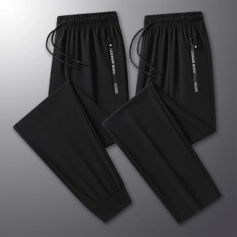 Summer New High Quality Ice Silk Pants For Men's Feet Tie Sports Elastic Quick Drying Sweat-absorbing Straight Leg Pants 2PCS 1