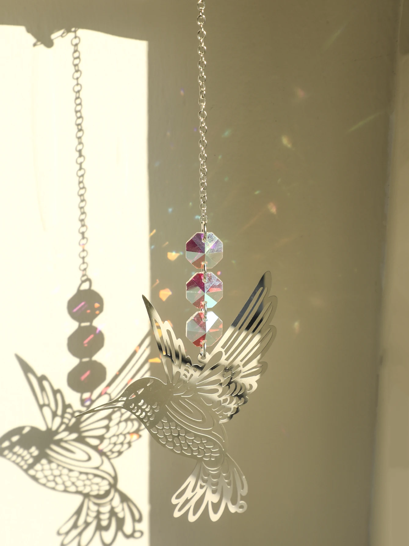 Silver Bird Sun Catcher Stained Glass Beaded Crystal Suncatcher Hanging Decoration Rainbow Maker Garden Decor Outdoor Ornaments