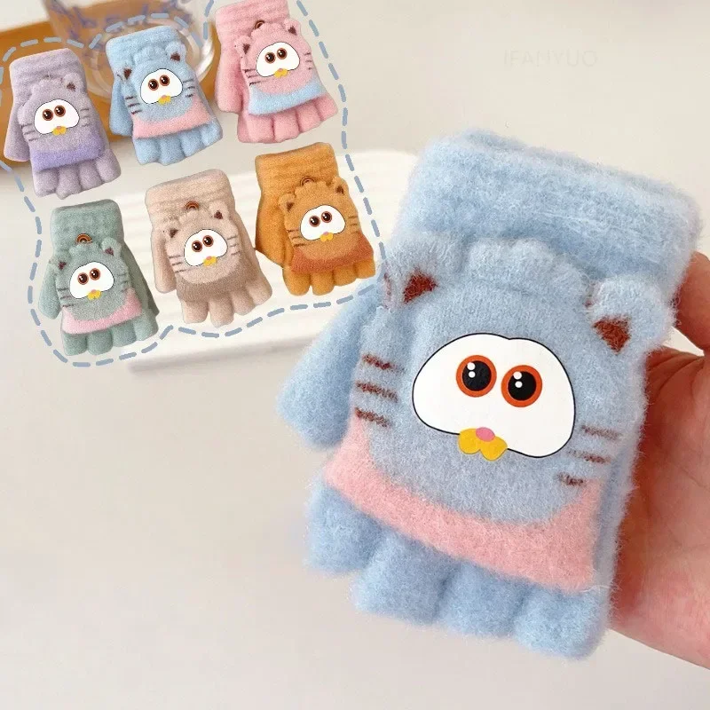 Cute Children Half Finger Gloves Autumn Winter Flip Cover Warm Boy Girl Student Mittens Cartoon Kids Writing Cycling Gloves 4-8Y cycling gloves winter gloves