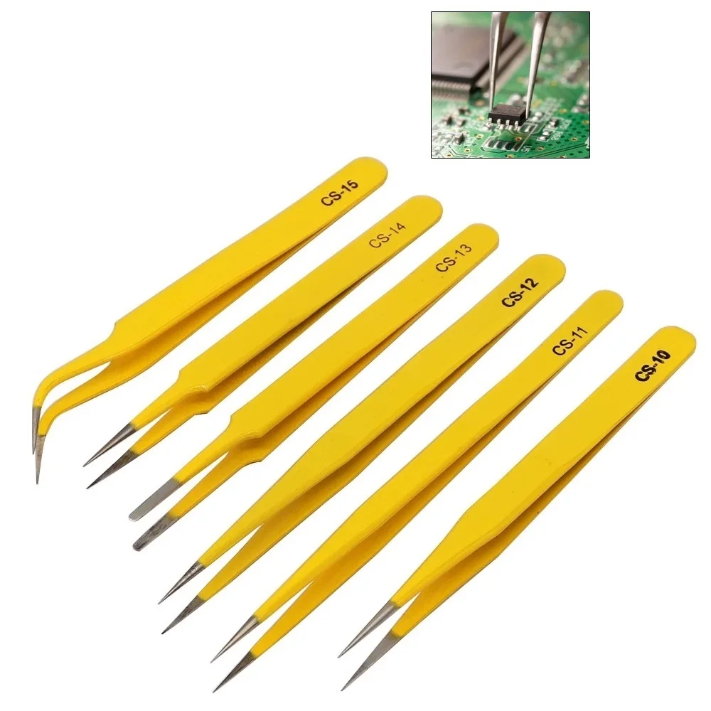 1PC 6in1 Stainless Steel Tweezers Industrial Anti-Static Tweezers Curved Straight Tip Forceps For Mobile Phone Repair Tools