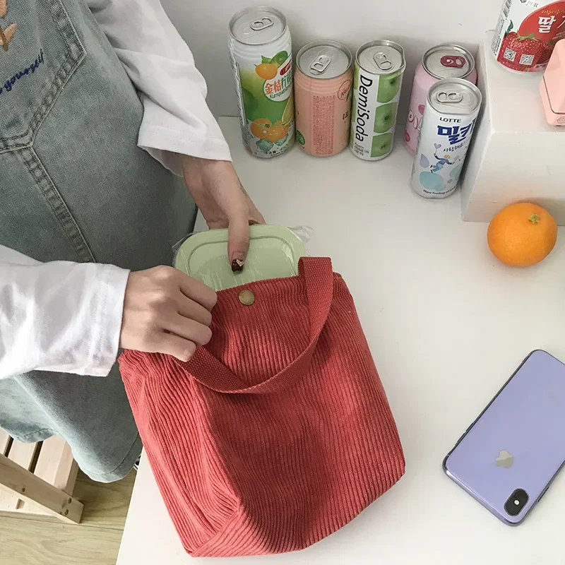 Small Corduroy Lunch Bag Women Eco Canvas Portable Tote Bags Mini Female Students Bento Picnic Food Bag Travel Handbags lunch bag bento bag