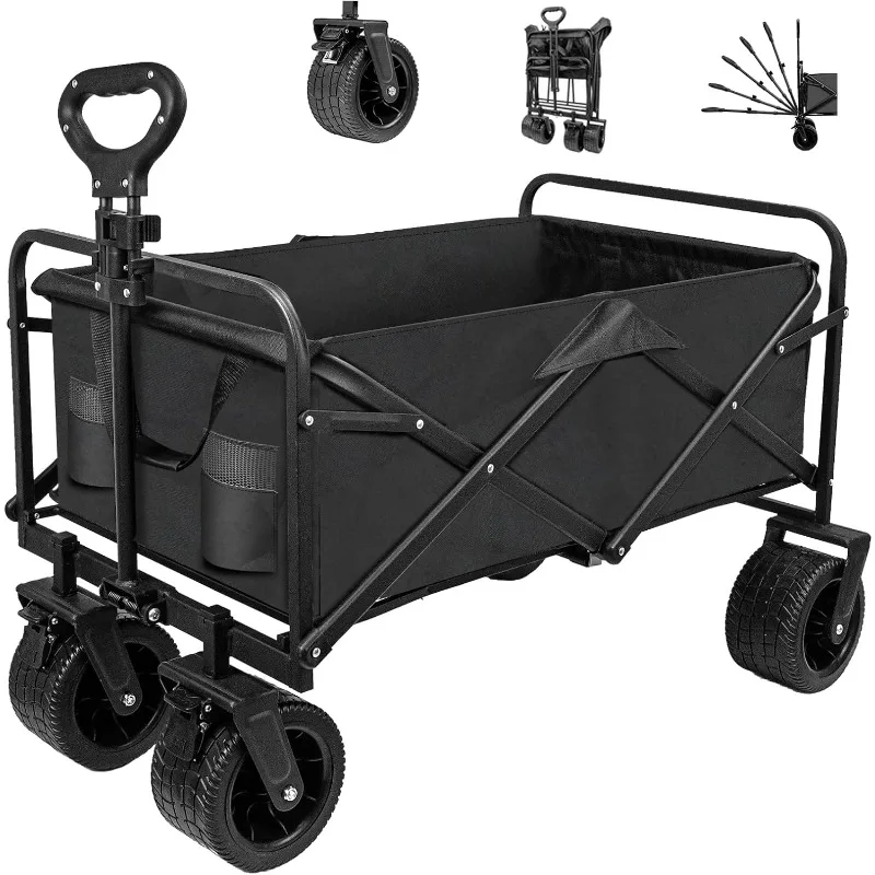 Collapsible Foldable Wagon,Beach Wagon with Big Wheels for Sand,Utility Grocery Wagon with Side Pocket and Brakes