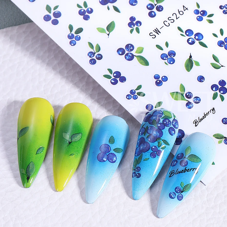 3pcs Lemon Fruits Nail Stickers 3D Cute Strawberry Blueberries Petals Nail Decals DIY Adhesive Slider Summer Manicure Decoration