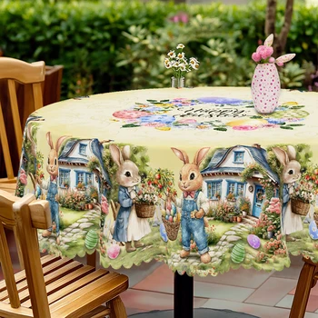 1 Tovaglia rotonda pasquale, 5 misure disponibili, Tovaglia quadrata stampata con uova di coniglietto pasquale, Processo di goffratura dei bordi, Decorazione tovaglia da giardino primaverile, Tovaglia per cucina domestica quotidiana, terrazza, Decorazione pasquale 1