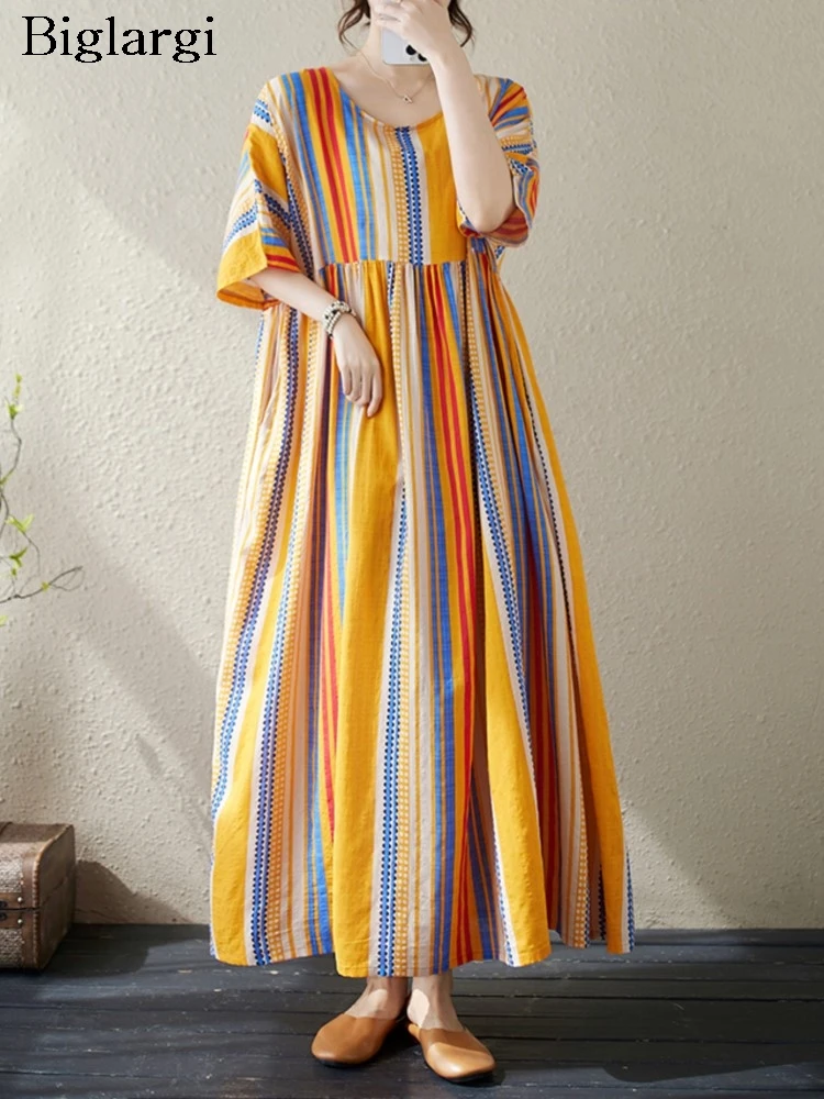 

Длинное летнее платье в полоску, Свободные плиссированные модные повседневные женские платья большого размера с оборками, женское платье с коротким рукавом