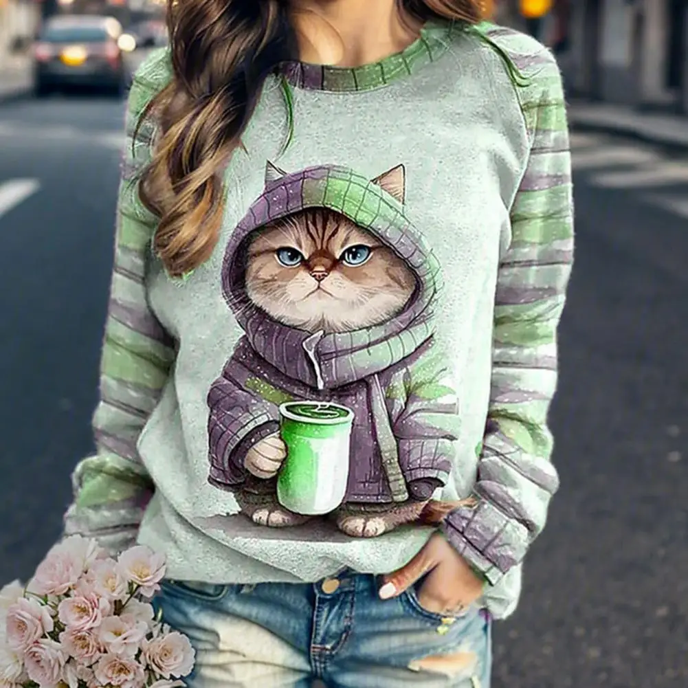 

Удобная для путешествий толстовка женская Свободная Толстовка с принтом мультяшного кота пуловер с круглым вырезом и длинным рукавом Топ для осени и зимы