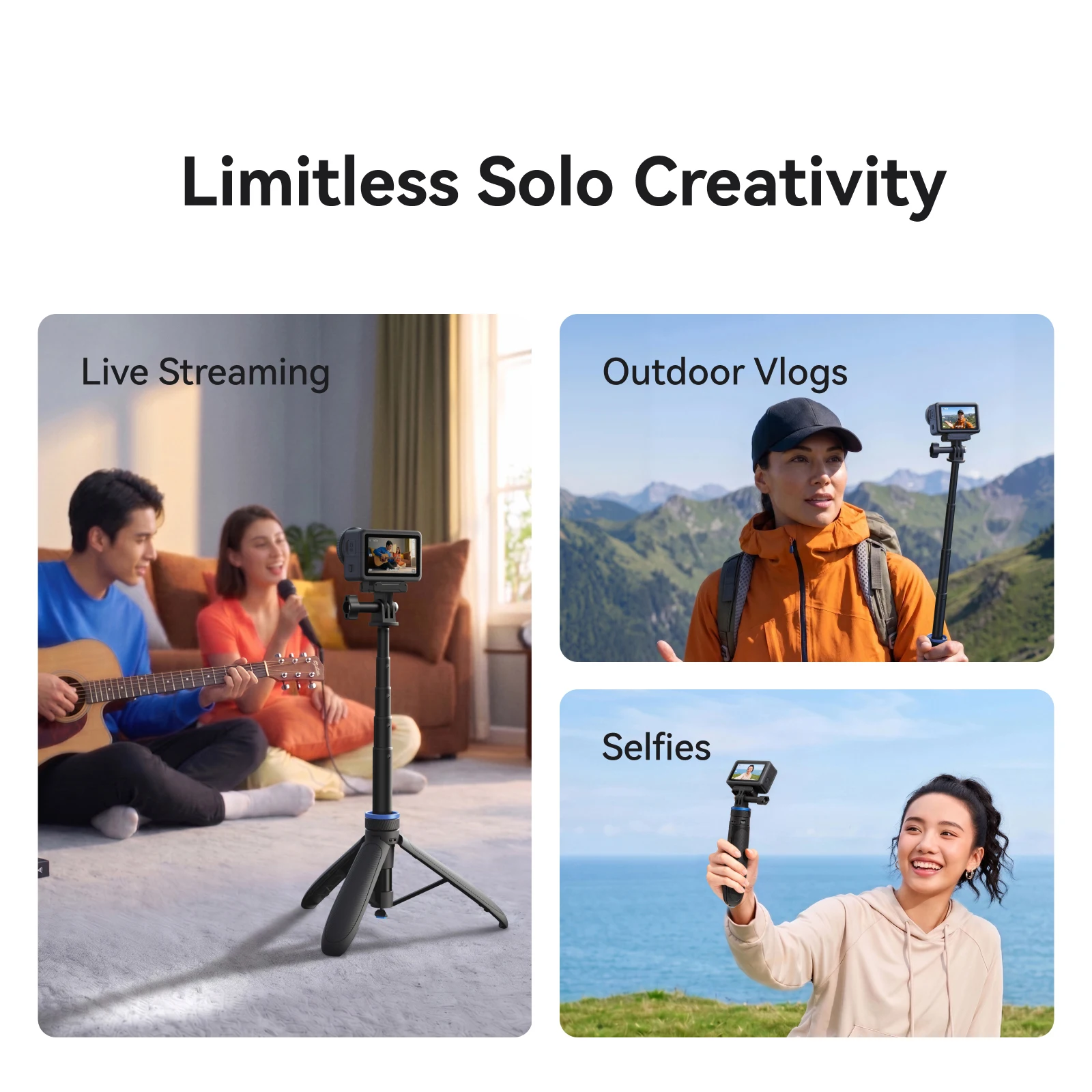 텔레신 미니 퀵 오픈 셀카봉 삼각대 알루미늄 합금 스탠드 (DJI 오즈모, 고프로, 인스타360 액션 카메라용 핸드 그립 스탠드)