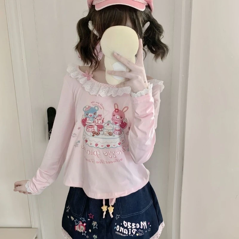 Japanese Girls Cartoon Printing Halter T-shirt Harajuku Grunge Kawaii Cute Loose Tees Women Y2k Aesthetic Lace Patchwork Tops 5